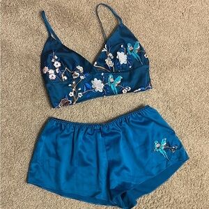 NEW Anthropologie Floral Embroidered Blue Satin Lingerie Set